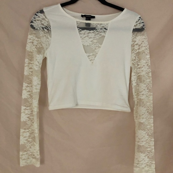 Long-sleeve Cropped Top with Lace Sleeves - Picture 1 of 2